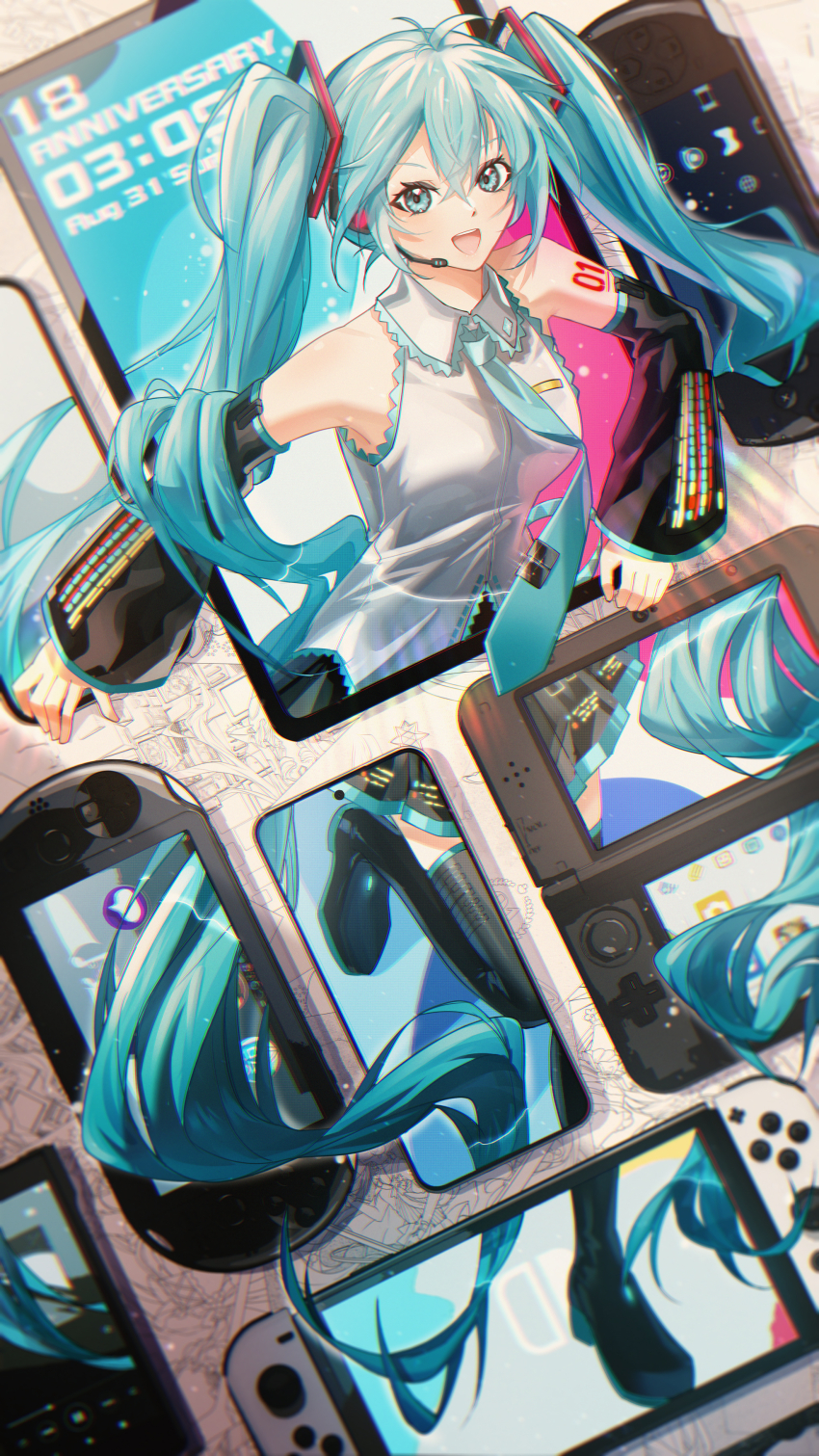 1girl :d absurdly_long_hair absurdres aqua_bow aqua_bowtie aqua_eyes aqua_hair bare_shoulders black_dress black_sleeves black_thighhighs bow bowtie breasts clock detached_sleeves digital_clock dress full_body gameplay_mechanics gesture_request hatsune_miku high_collar highres long_hair looking_at_viewer medium_breasts microphone number_tattoo open_mouth painting_(object) pleated_skirt redpower shirt skirt smile solo tablet_pc tattoo teeth thighhighs through_medium through_screen upper_teeth_only very_long_hair vocaloid white_shirt