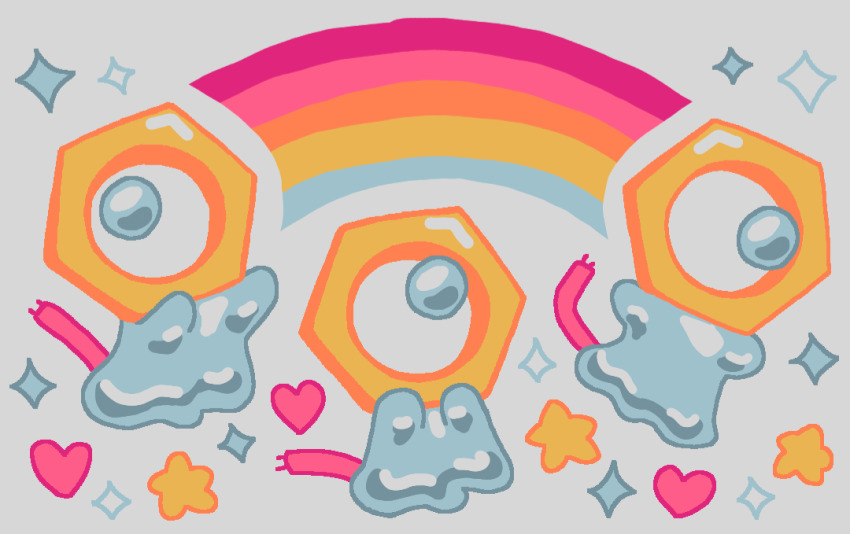 commentary english_commentary gen_7_pokemon grey_background heart meltan mixtercandy mythical_pokemon nintendo no_humans nut_(hardware) pokemon pokemon_(creature) rainbow simple_background star_(symbol)