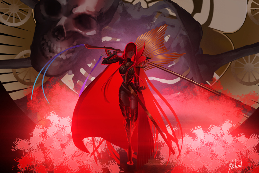 1girl antique_firearm armored_boots arquebus black_bodysuit bodysuit boots cape chain collared_cape crest family_crest fate/grand_order fate_(series) firearm flower full_body gun hair_over_one_eye highres holding holding_gun holding_weapon katana looking_at_viewer medallion oda_nobunaga_(fate) oda_nobunaga_(maou_avenger)_(fate) oda_uri parted_lips popped_collar red_cape red_eyes red_hair skull solo spider_lily standing sword tight_top weapon xphlln