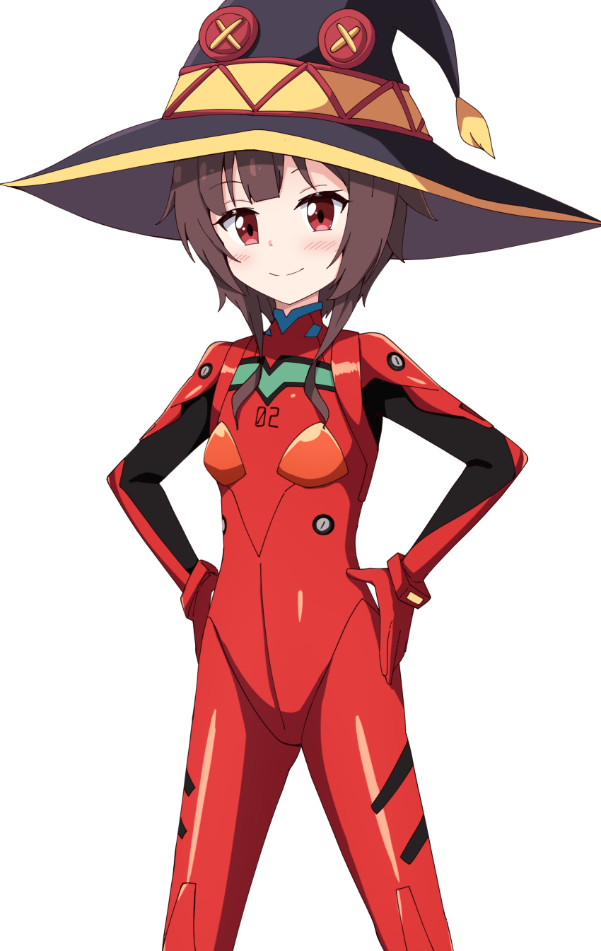 1girl absurdres aikawa_ryou black_hat blush bodysuit breasts brown_hair closed_mouth commission cosplay hands_on_own_hips hat highres kono_subarashii_sekai_ni_shukufuku_wo! long_hair looking_at_viewer mecha_pilot_suit megumin neon_genesis_evangelion pixiv_commission plugsuit_(evangelion) red_bodysuit red_eyes simple_background small_breasts smile solo souryuu_asuka_langley souryuu_asuka_langley_(cosplay) standing white_background witch_hat