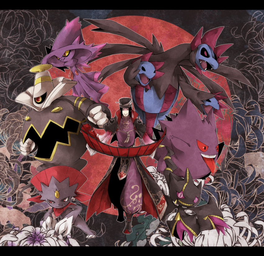 banette black_coat black_hair chen_gong chinese_clothes coat dusknoir facial_hair floral_background flower gen_1_pokemon gen_2_pokemon gen_3_pokemon gen_4_pokemon gen_5_pokemon gengar gold_trim hat highres hydreigon misdreavus mustache nintendo pokemon pokemon_conquest puffy_sleeves scroll shin_sangoku_musou weavile