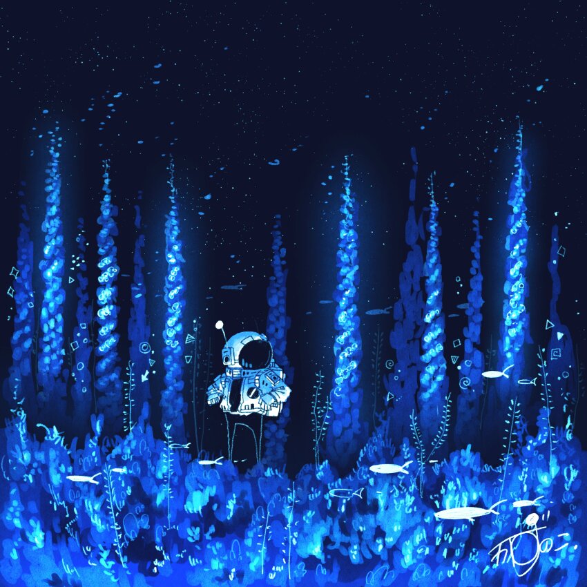 1other absurdres artist_name astronaut backpack bag blue_flower commentary fish flower flying_fish gloves glowing helmet highres kazunoko_(kazunoko_zunoco) nature night night_sky original outdoors radio_antenna signature sky solo space_helmet standing star_(sky) starry_sky white_gloves