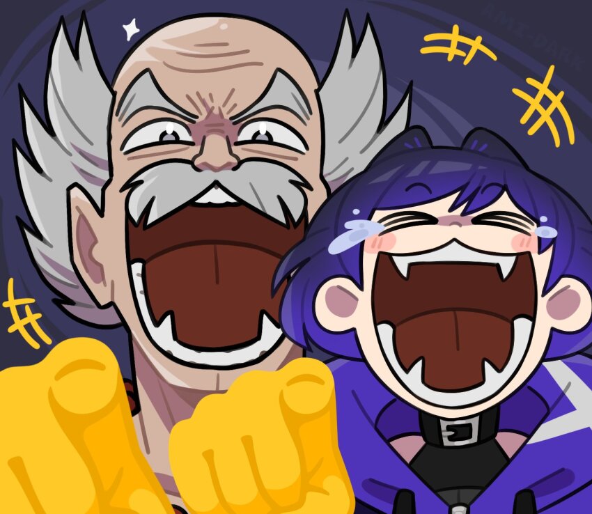 &gt;_&lt; 1boy 1girl facial_hair grey_eyes grey_hair highres laughing looking_at_viewer meme mishima_heihachi mustache namco open_mouth pointing pointing_at_viewer purple_hair reina_(tekken) short_hair tears tekken tekken_8 tongue