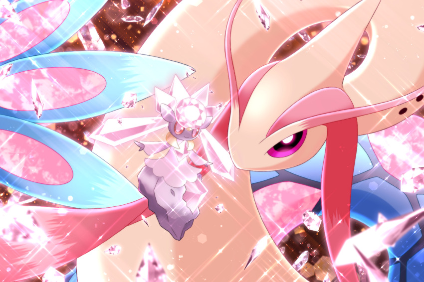 blurry bright_pupils closed_mouth commentary_request crystal diancie gen_3_pokemon gen_6_pokemon legendary_pokemon looking_at_viewer maiko_(mimi) milotic mythical_pokemon nintendo no_humans pokemon pokemon_(creature) pokemon_focus smile sparkle