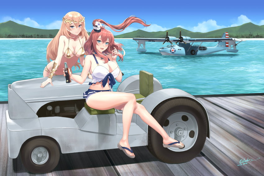 2girls aircraft airplane bikini bikini_skirt blonde_hair blue_eyes blue_sky bottle breasts brown_hair day flip-flops flying_boat gold_bikini hair_between_eyes high_side_ponytail highres holding holding_bottle huge_breasts kantai_collection large_breasts long_hair medium_breasts motor_vehicle multiple_girls ocean odachu on_airplane outdoors pby_catalina ponytail sandals saratoga_(kancolle) seaplane side_ponytail sitting sky smile smokestack_hair_ornament swimsuit very_long_hair victorious_(kancolle) white_bikini