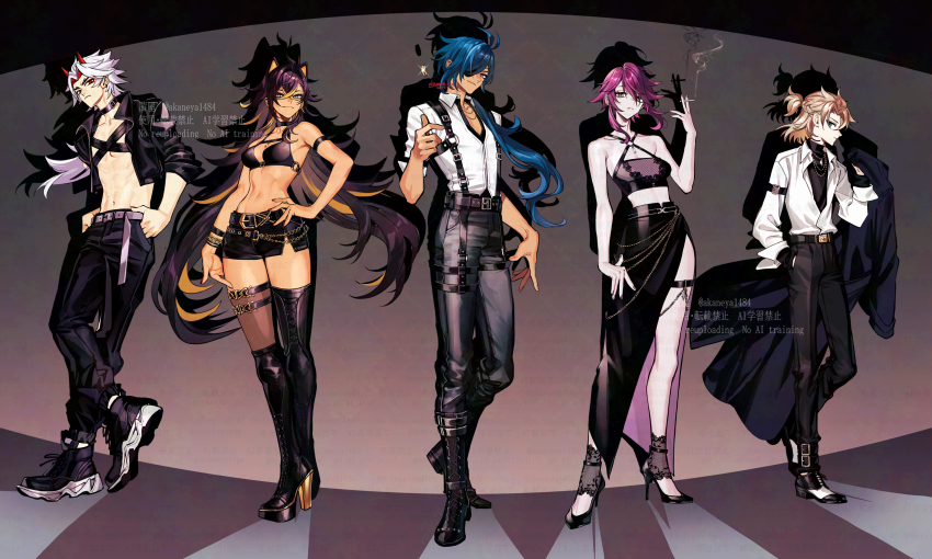 2girls 3boys abs absurdres albedo_(genshin_impact) antenna_hair aqua_eyes arataki_itto arm_strap artist_name asymmetrical_footwear bare_shoulders belt belt_buckle black_belt black_boots black_choker black_jacket black_nails black_pants black_shirt black_shoes black_shorts black_skirt blonde_hair blue_coat blue_eyes blue_hair boots bracelet braid breasts brown_hair brown_thighhighs buckle chain chain_bracelet chest_harness choker cigarette cleavage cleavage_cutout closed_mouth clothing_cutout coat coin coin_flip collarbone collared_jacket collared_shirt colored_inner_hair commentary_request criss-cross_halter crop_top cropped_jacket crossed_ankles crossed_bangs dark-skinned_female dark-skinned_male dark_skin dated dehya_(genshin_impact) earrings expressionless eyelashes eyepatch eyeshadow facepaint fingernails fishnets frown genshin_impact gold_bracelet gold_chain grey_background hair_between_eyes hair_ears hair_intakes hair_over_one_eye hair_over_shoulder half_up_half_down_braid halterneck hand_in_pocket hand_on_own_hip hand_up hands_in_pockets harness high_heel_boots high_heels highres holding holding_cigarette holding_coat holding_unworn_clothes horns jacket jewelry kaeya_(genshin_impact) knee_boots lace-up_boots leather leather_jacket long_hair long_skirt long_sleeves looking_at_viewer low_ponytail makeup medium_breasts medium_hair midriff midriff_peek multicolored_hair multicolored_shoes multiple_boys multiple_girls nail_polish navel o-ring ojo_aa one_eye_covered oni open_clothes open_jacket pants parted_bangs parted_lips pectoral_cleavage pectorals platform_boots ponytail purple_belt purple_eyes purple_hair purple_nails red_eyes red_hair red_horns red_nails rosaria_(genshin_impact) serious shadow shirt shirt_tucked_in shoes short_hair short_hair_with_long_locks short_shorts short_sleeves shorts side_slit sidelocks sideways_glance signature single_thighhigh skirt sleeves_rolled_up smile smoke sneakers standing stomach strappy_heels streaked_hair studded_belt suspenders swept_bangs thick_eyebrows thigh_boots thigh_strap thighhighs turtleneck twitter_username two-tone_shoes undershirt uneven_footwear unworn_coat very_long_hair wallet_chain watermark white_hair white_shirt white_shoes