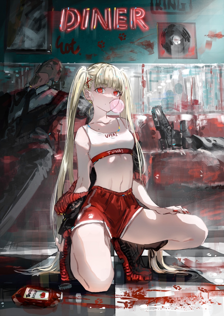 1girl 2boys absurdres bare_shoulders blonde_hair blowing_bubbles checkered_floor couch diner formal_clothes gawako highres jacket jacket_partially_removed ketchup ketchup_bottle long_hair midriff mole multiple_boys nail_polish necktie neon_lights original pants paw_print record red_nails red_shorts shoes short_shorts shorts sports_bra squatting stomach suit thighs twintails very_long_hair