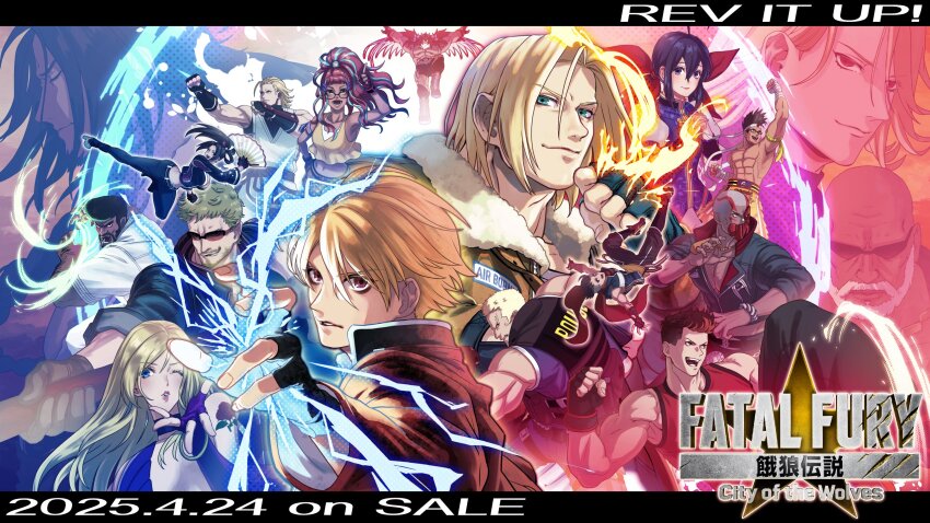 6+boys andy_bogard b._jenet bad_tag belt billy_kane black_gloves black_hair black_jacket black_pants blonde_hair blue_eyes bomber_jacket breast_zipper breasts brown_eyes brown_hair cleavage cropped_jacket dobok fatal_fury fatal_fury:_city_of_the_wolves fingerless_gloves fire folded_fan folding_fan formal_clothes futaba_hotaru gato_(snk) gloves hand_fan high_ponytail highres hokutomaru holding holding_fan jacket kain_r_heinlein kevin_rian kim_dong_hwan large_breasts leather leather_pants long_hair long_sleeves looking_at_viewer luchador luchador_mask marco_rodrigues mask multiple_boys multiple_girls navel official_alternate_costume official_art pants partially_unzipped ponytail preecha_(fatal_fury) print_jacket purple_fire red_eyes rock_howard shiranui_mai short_hair smile snk spandex standing suit taekwondo terry_bogard tizoc_(snk) white_suit wrestler wrestling