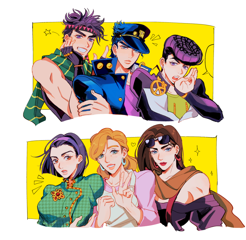 3boys 3girls battle_tendency blonde_hair blue_eyes breasts brown_eyes brown_hair chain closed_mouth coat commentary diamond_wa_kudakenai dress earrings english_commentary eyewear_on_head father_and_son fingerless_gloves gakuran gloves grin hat heart higashikata_josuke higashikata_tomoko highres jewelry jojo_no_kimyou_na_bouken joseph_joestar joseph_joestar_(young) kuujou_holly kuujou_joutarou lisa_lisa long_hair long_sleeves mature_female medium_breasts mother_and_son multiple_boys multiple_girls off-shoulder_dress off_shoulder pompadour purple_hair red_lips scarf school_uniform seirorath short_hair smile stardust_crusaders striped_clothes striped_scarf sunglasses