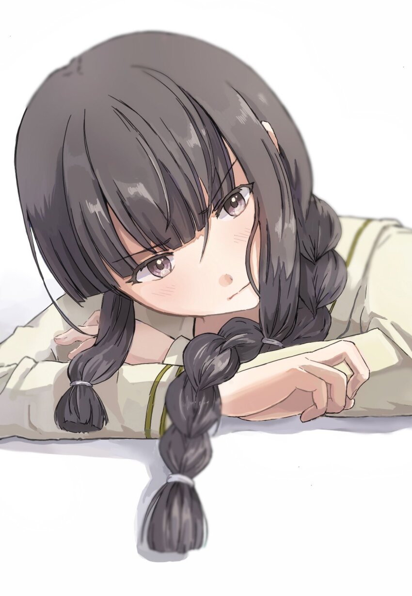 1girl black_hair blunt_bangs blush braid closed_mouth commentary hair_over_shoulder highres kantai_collection kitakami_(kancolle) kitakami_kai_ni_(kancolle) long_hair long_sleeves looking_at_viewer narukan purple_eyes sash school_uniform serafuku sidelocks simple_background solo upper_body white_background yellow_sash
