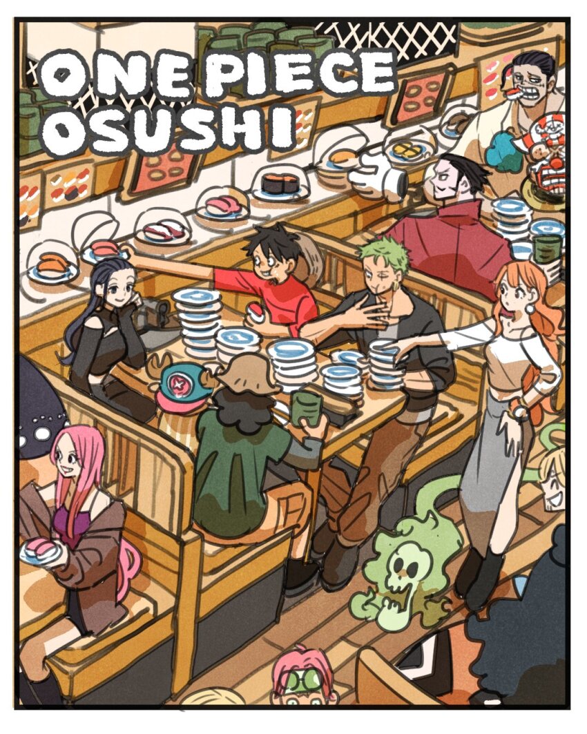 3girls 6+boys ^_^ antlers back bartholomew_kuma beard black_hair blonde_hair border brook_(one_piece) buggy_the_clown closed_eyes commentary_request copyright_name crocodile_(one_piece) disembodied_hand dracule_mihawk earrings eating facial_hair food gloves goatee green_hair green_headband hat headband helmeppo highres horns indoors jewelry jewelry_bonney jinbe_(one_piece) koby_(one_piece) log_pose long_hair monkey_d._luffy multiple_boys multiple_girls nami_(one_piece) nico_robin one_piece orange_hair pearl_earrings pink_hair pirate_hat plate pointing red_nose red_shirt reindeer_antlers roronoa_zoro sanji_(one_piece) scar scar_across_eye scar_on_face shirt short_hair side_slit sitting smile stitched_face stitches straw_hat sushi takeuchi_ryousuke tony_tony_chopper usopp white_border white_gloves