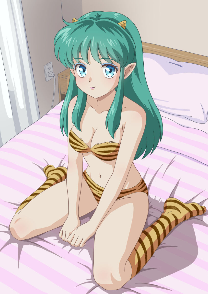 1girl absurdres animal_print bed bikini blue_eyes breasts cleavage commentary_request cone_horns curtains green_hair highres horns long_hair lum medium_breasts pillow print_bikini print_boots sidelocks sitting small_horns solo strapless strapless_bikini striped_horns swimsuit takinomori_momiji tiger_print urusei_yatsura wariza yellow_bikini yellow_horns