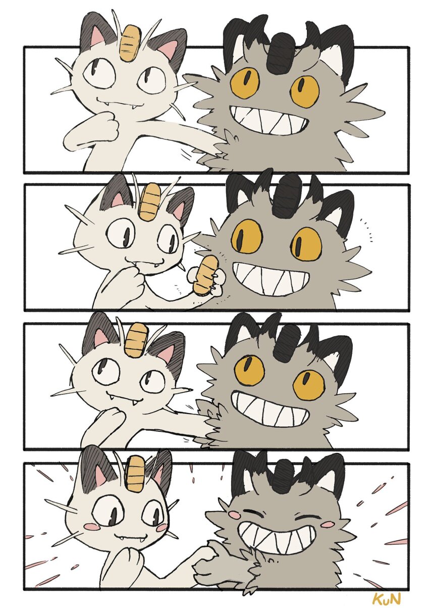 blush_stickers coin commentary_request fangs galarian_form galarian_meowth gen_1_pokemon gen_8_pokemon grey_fur grin hair_horns highres holding holding_coin holding_hands kun_blackcat looking_at_object looking_to_the_side meowth nintendo no_humans outstretched_arm pokemon pokemon_(creature) sequential sharp_teeth sideways_glance signature smile teeth white_fur