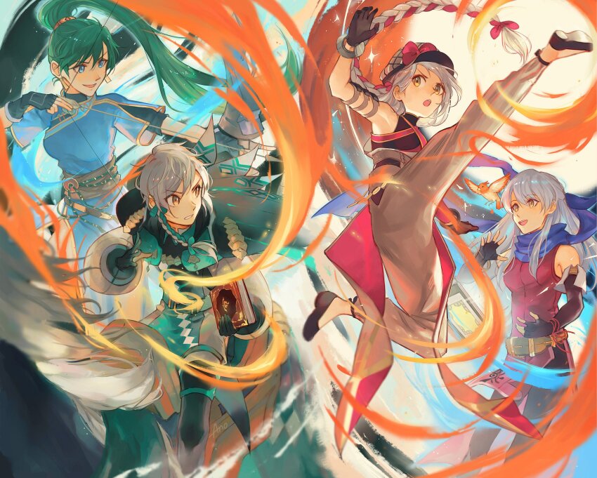 1boy 3girls :d :o anocurry bare_shoulders black_gloves blue_eyes blue_scarf book bow_(weapon) bracelet braid clanne_(fire_emblem) dress earrings elbow_gloves fingerless_gloves fire_emblem fire_emblem:_radiant_dawn fire_emblem:_the_blazing_blade fire_emblem_engage framme_(fire_emblem) gloves green_hair grey_hair hair_ribbon half_updo hat high_kick highres holding holding_book holding_bow_(weapon) holding_weapon jewelry kickboxing kicking long_hair long_sleeves looking_to_the_side lyn_(emblem)_(fire_emblem) lyn_(fire_emblem) martial_arts micaiah_(emblem)_(fire_emblem) micaiah_(fire_emblem) multiple_girls nintendo open_mouth pants ponytail ribbon scarf short_hair side_slit sleeveless sleeveless_dress smile weapon wrist_guards yellow_eyes
