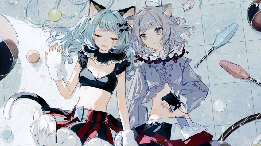 2girls :3 animal_ear_fluff animal_ears ball bare_arms black_bow black_collar black_shirt black_skirt blue_hair blue_nails bow breasts cat_ears cat_tail chino_(valis) chocoan cleavage closed_eyes collar commentary crop_top fingerless_gloves frilled_collar frills fur_gloves gloves grey_eyes grey_hair grey_shirt hair_bow hair_ornament hand_on_own_stomach highres holding_hands hoop hula_hoop juggling_club kamitsubaki_studio layered_skirt long_hair long_sleeves looking_at_another lying medium_breasts midriff mouse_(animal) multiple_girls nail_polish navel open_mouth parted_lips puffy_sleeves red_skirt rope shirt short_hair sinsekai_record skirt sleeves_past_wrists smile striped_clothes striped_skirt symbol-only_commentary tail tile_floor tiles valis_(sinsekai) vertical-striped_clothes vertical-striped_skirt virtual_youtuber vitte_(valis) white_collar white_skirt