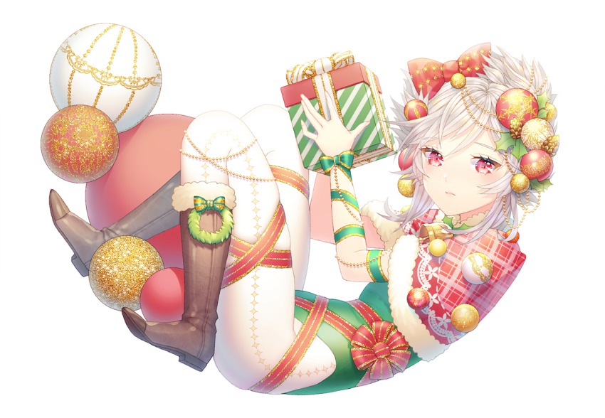 1girl albino arm_ribbon bauble boots bow box capelet christmas christmas_ornaments closed_mouth female_focus frown full_body gift gift_box green_leotard green_ribbon hair_bow holding holding_gift holly leotard looking_at_viewer mistletoe navel original pantyhose plaid red_bow red_ribbon ribbon ribbon-trimmed_clothes ribbon_trim saban short_hair simple_background solo striped white_background white_hair white_pantyhose wreath
