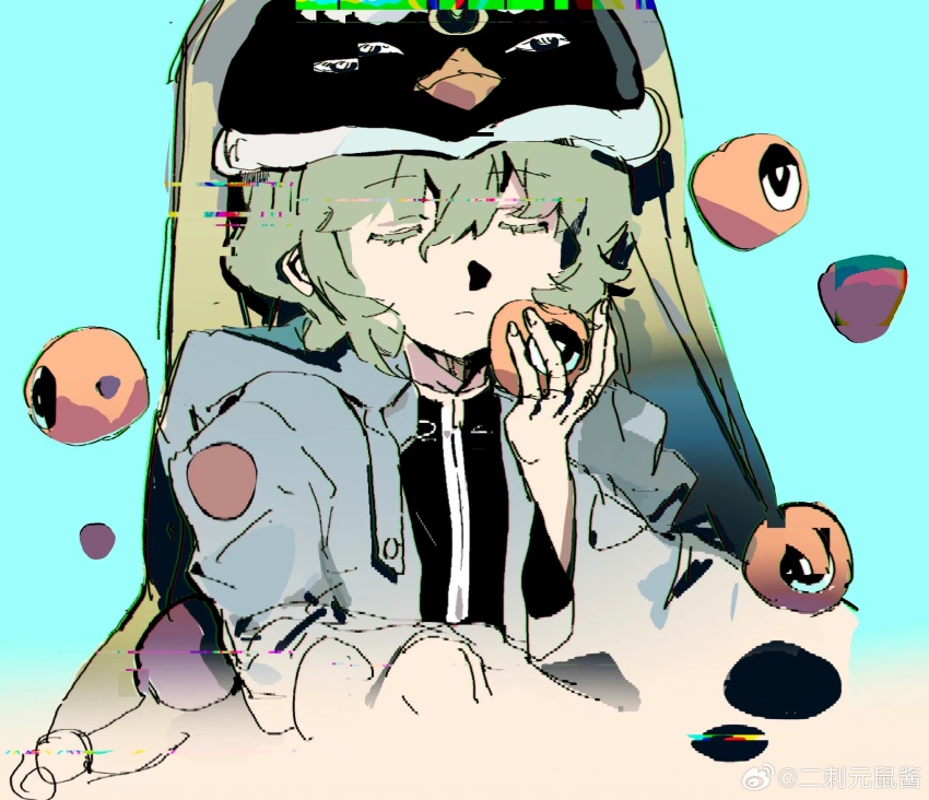1other androgynous black_hat black_shirt blue_background blue_jacket buttons chinese_commentary closed_eyes closed_mouth colored_eyelashes commentary_request corallo cropped_torso expressionless eye_of_senri food food_request glitch green_hair green_veil hair_between_eyes hat highres holding holding_food hood hood_down hooded_jacket jacket len&#039;en light_frown long_sleeves open_clothes open_jacket other_focus penguin_hat shirt shitodo_aoji short_hair solo veil watermark weibo_watermark wide_sleeves zipper