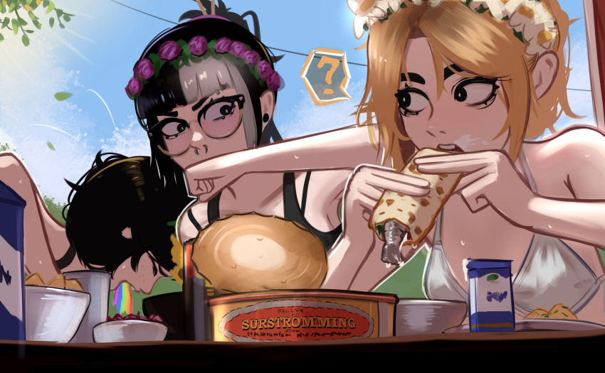 3girls absurdres black_hair black_tank_top blonde_hair copyright_request food food_focus fruit hair_dye highres jessie_(veyonis) mika_(veyonis) multiple_girls summer table tank_top tuna veyonis yuna_(veyonis)