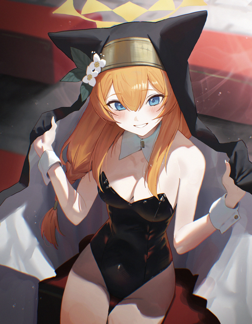 1girl alternate_costume animal_ear_headwear bare_shoulders black_veil blue_archive blue_eyes blush breasts cat_girl cleavage commentary_request ears_under_headwear fake_animal_ears hair_between_eyes halo highres leotard long_hair looking_at_viewer low-tied_long_hair mari_(blue_archive) medium_breasts nontraditional_playboy_bunny orange_hair senriyama sitting smile solo strapless strapless_leotard veil white_wrist_cuffs wrist_cuffs yellow_halo