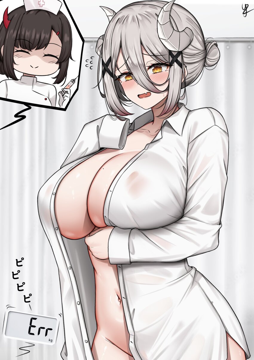 2girls absurdres black_hair blush breasts closed_eyes collared_shirt commentary cowboy_shot curled_horns double-parted_bangs double_bun dress_shirt english_commentary fang grey_hair hair_between_eyes hair_bun hair_ornament hat highres holding holding_syringe horns huge_breasts long_hair_between_eyes long_sleeves looking_at_viewer mole mole_on_breast multiple_girls naked_shirt navel nurse nurse_cap open_clothes open_mouth open_shirt original raised_inner_eyebrows shirt short_hair skin_fang sleeves_past_fingers sleeves_past_wrists smile solo_focus syringe weight white_horns white_shirt x_hair_ornament yellow_eyes yuka_(yukaraishin) yukaraishin