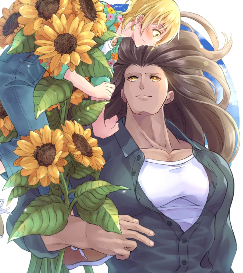 2boys alternate_costume black_hair blonde_hair casual contemporary dark-skinned_male dark_skin earrings fate/grand_order fate_(series) flower goshipiumu green_eyes heracles_(fate) highres jason_(fate) jewelry long_hair male_focus messy_hair multiple_boys muscular shirt short_hair smile sunflower