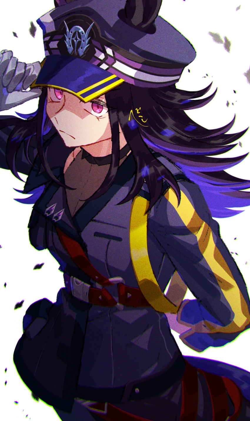 1girl animal_ears arm_behind_back belt black_hat closed_mouth ears_through_headwear fenomeno_(umamusume) flipped_hair frown gloves hat highres horse_ears horse_girl jacket jagaimobeniko long_hair long_sleeves peaked_cap police police_uniform purple_eyes purple_hair simple_background solo umamusume upper_body white_background white_gloves