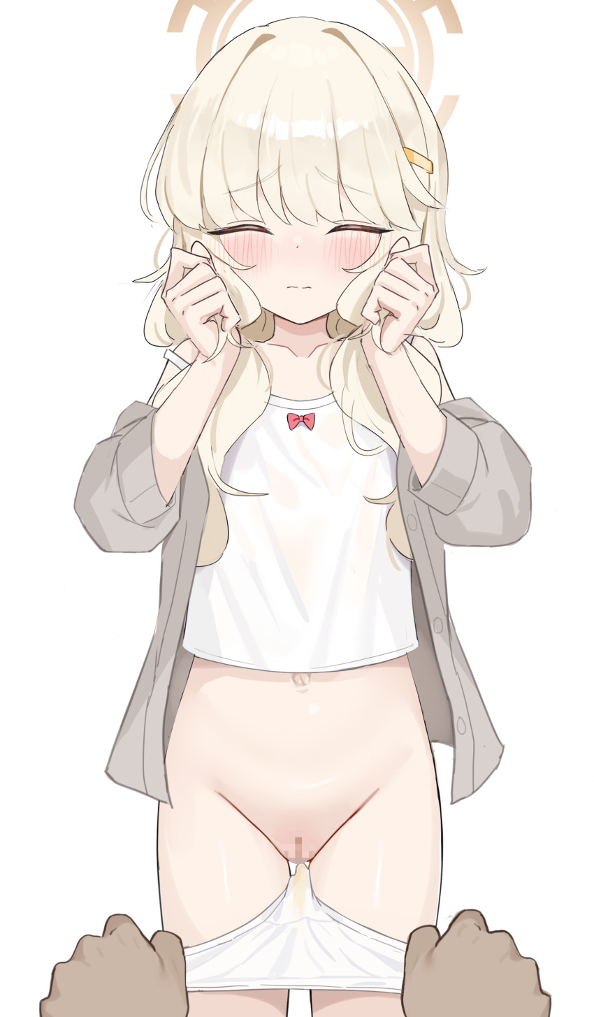 1girl absurdres aoba_(blue_archive) blonde_hair blue_archive blush camisole cardigan censored closed_eyes closed_mouth halo highres loli long_hair mosaic_censoring navel panties panty_pull pee_stain shengtian simple_background solo_focus stained_panties underwear variant_set white_background white_camisole white_panties