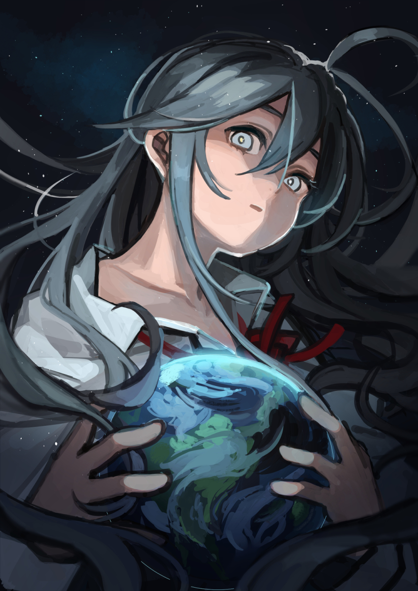 1girl ahoge blue_eyes blue_hair collared_shirt denpa_onna_to_seishun_otoko earth_(planet) eyelashes hair_between_eyes hair_spread_out highres kmusy_mp4 long_hair long_sleeves looking_at_viewer loose_clothes loose_shirt parted_lips planet red_ribbon ribbon shirt space star_(sky) touwa_erio upper_body white_shirt