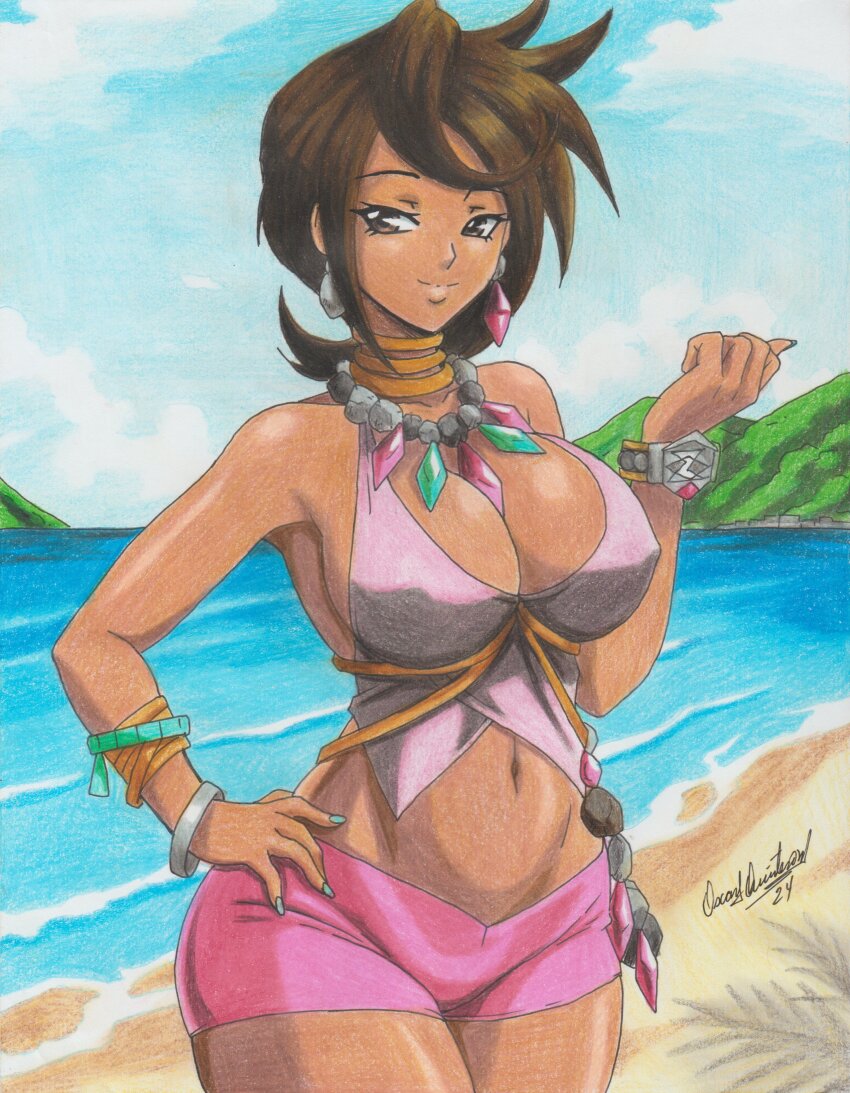1girl 2024 absurdres beach bead_necklace beads breasts brown_eyes brown_hair cleavage dark-skinned_female dark_skin diamond_earrings earrings game_freak green_nails halter_shirt halterneck hand_on_own_hip highres jewelry large_breasts mature_female midriff navel necklace nintendo olivia_(pokemon) outdoors pink_shorts pokemon pokemon_sm ravernclouk_design short_hair shorts standing thick_thighs thighs traditional_media