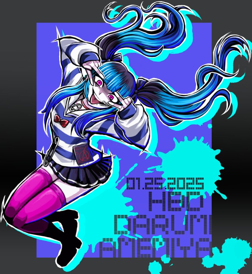 1girl amemiya_darumi black_border black_hair black_skirt blue_hair border character_name double_v face_piercing female_focus full_body gradient_border grey_border heart highres lip_piercing long_hair looking_at_viewer makeup multicolored_hair open_mouth piercing pink_eyes pink_thighhighs pleated_skirt safety_pin shirt skirt solo solo_focus striped_clothes striped_shirt the_hundred_line_-last_defense_academy- thighhighs tongue tongue_out v