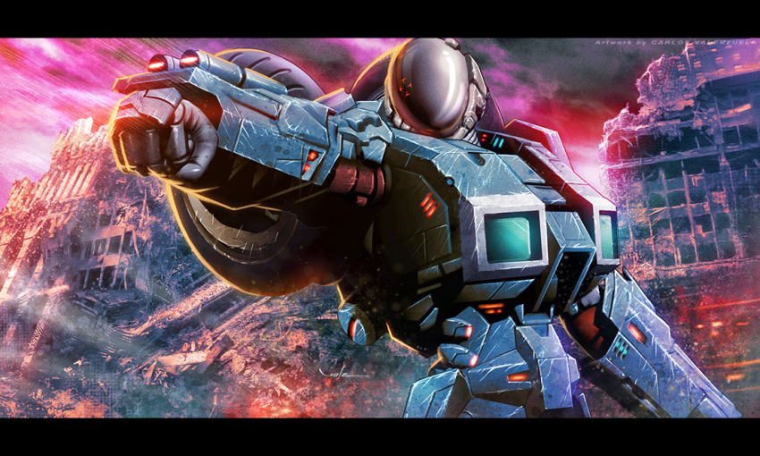 1boy aiming armor battle cityscape epic glowing heads-up_display helmet kikou_souseiki_mospeada letterboxed mecha mospeada mospeada_(mecha) power_armor realistic redesign robot rocket_launcher ruins science_fiction signature stick_bernard unused_tire upper_body user_interface valzonline watermark weapon