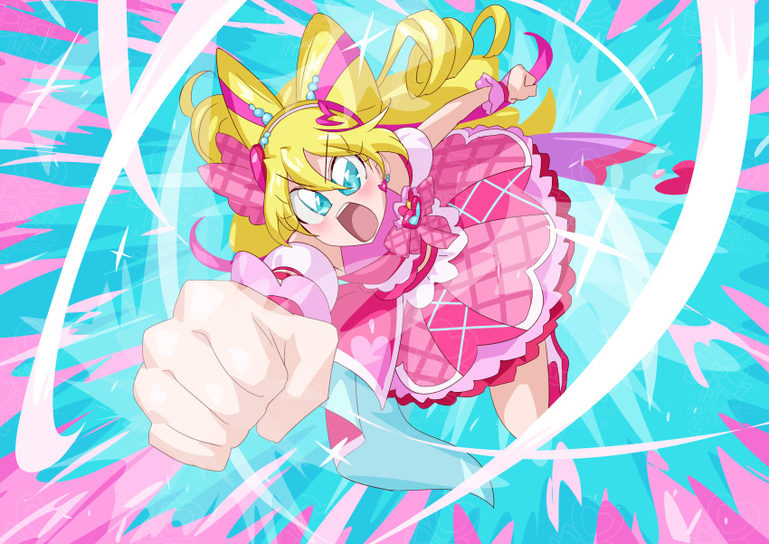 1girl absurdres blonde_hair blue_eyes brooch cure_idol dress earrings heart heart_brooch highres idol_fist_bump idol_heart_brooch jewelry kimi_to_idol_precure midriff otokamu precure punching