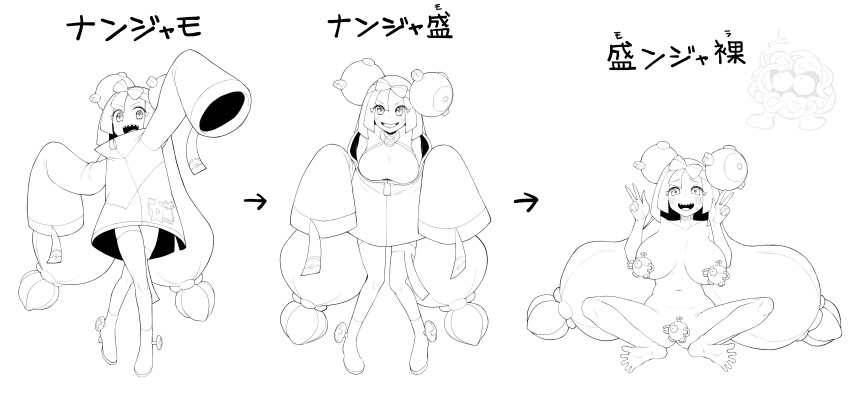 1girl absurdres breasts completely_nude eo_masaka female_focus gen_1_pokemon highres iono_(pokemon) large_breasts long_hair looking_at_viewer magnemite monochrome nintendo nude pokemon pokemon_sv sitting solo spread_legs standing tangela very_long_hair white_background