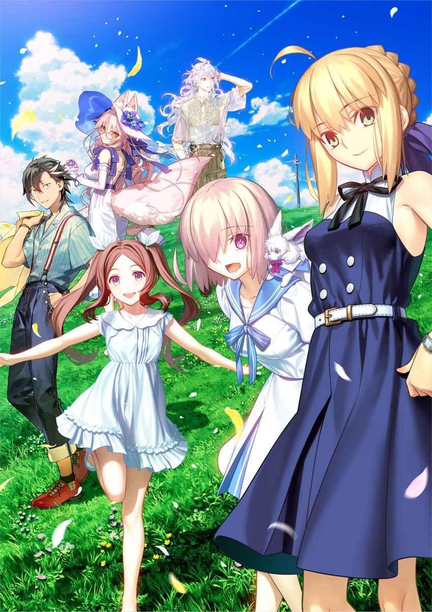 2boys 4girls :d ahoge animal_ear_fluff animal_ears artoria_pendragon_(fate) belt black_hair blonde_hair blue_dress blue_eyes blue_sailor_collar blue_shirt blue_sky bow braid breasts brown_hair cloud denim dress falling_petals fate/grand_order fate_(series) flower_ornament fou_(fate) fox_ears fox_girl fox_tail ginka_sima glasses grass green_eyes hair_between_eyes hair_bow hair_bun hair_over_one_eye hair_ribbon hand_in_pocket hat highres holding holding_jacket holding_unworn_clothes jacket jeans koyanskaya_(fate) leaning_forward leonardo_da_vinci_(fate) leonardo_da_vinci_(fate/grand_order) leonardo_da_vinci_(rider)_(fate) long_hair looking_afar looking_at_viewer mandricardo_(fate) mash_kyrielight merlin_(fate) multicolored_hair multiple_boys multiple_girls official_art open_mouth outdoors pants petals pink_hair promotional_art purple_eyes ribbon saber_(fate) sailor_collar sailor_dress shirt short_hair short_sleeves sidelocks simosi sky sleeveless sleeveless_dress small_breasts smile standing standing_on_one_leg streaked_hair sun_hat sundress suspenders taiki_(luster) tail takeuchi_takashi tamamo_(fate) twintails unworn_jacket wada_arco white_dress white_hair white_shirt wide_brim
