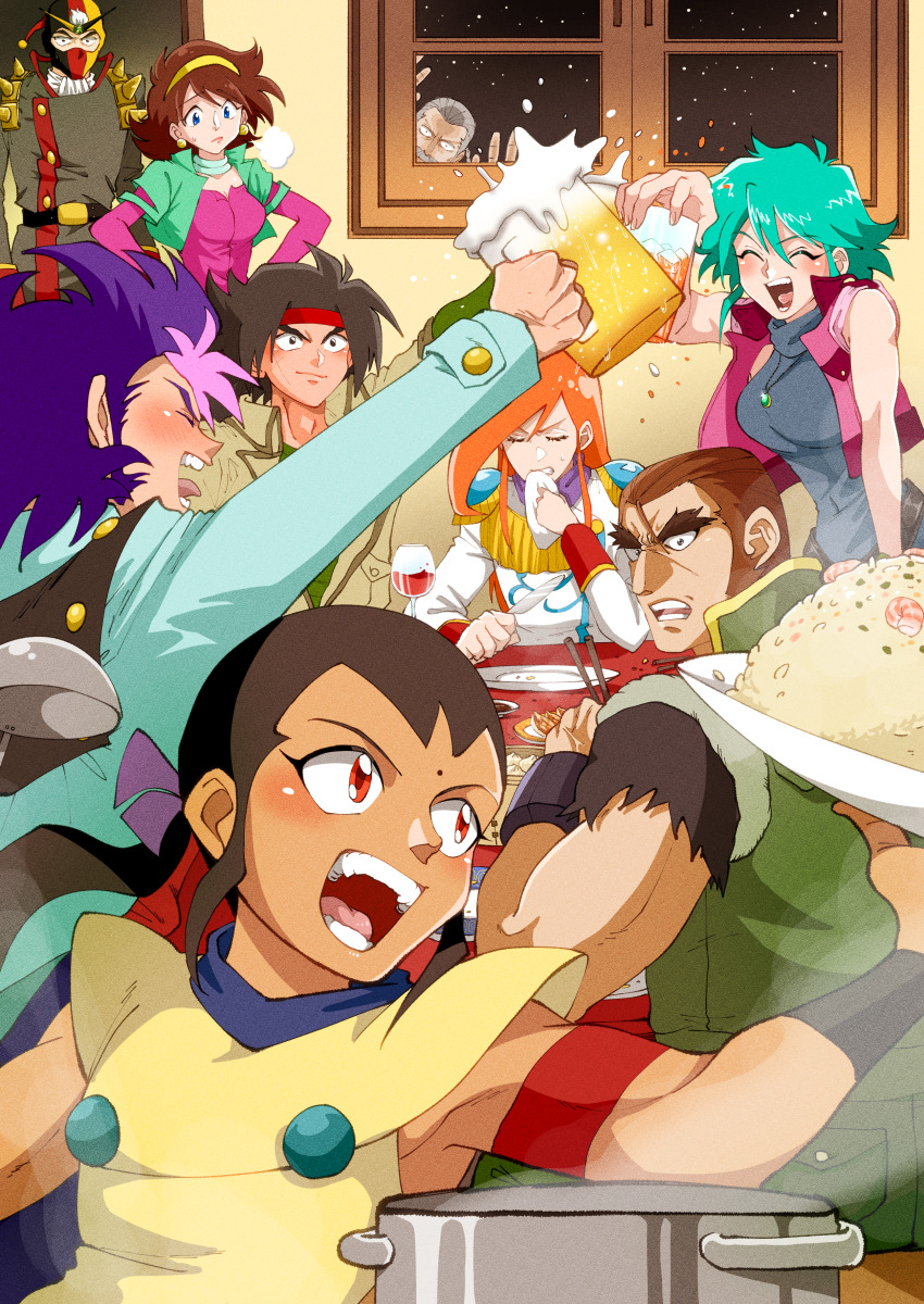 2girls 6+boys absurdres alcohol allenby_beardsley argo_gulskii bare_shoulders beer beer_mug black_hair blue_hair blue_shirt bodysuit brown_hair chibodee_crocket closed_eyes cup domon_kasshu drinking_glass earrings epaulettes facial_hair food g_gundam george_de_sand green_vest grey_hair gundam hairband headband highres jewelry looking_inside mask master_asia mug mugicha_(zoro1132) multiple_boys multiple_girls mustache orange_hair pink_shirt pink_vest plate purple_hair rain_mikamura red_eyes red_headband sai_saici schwarz_bruder shirt short_hair sleeveless sleeveless_bodysuit sleeveless_turtleneck_bodysuit turtleneck turtleneck_bodysuit vest window wine_glass yellow_hairband yellow_shirt
