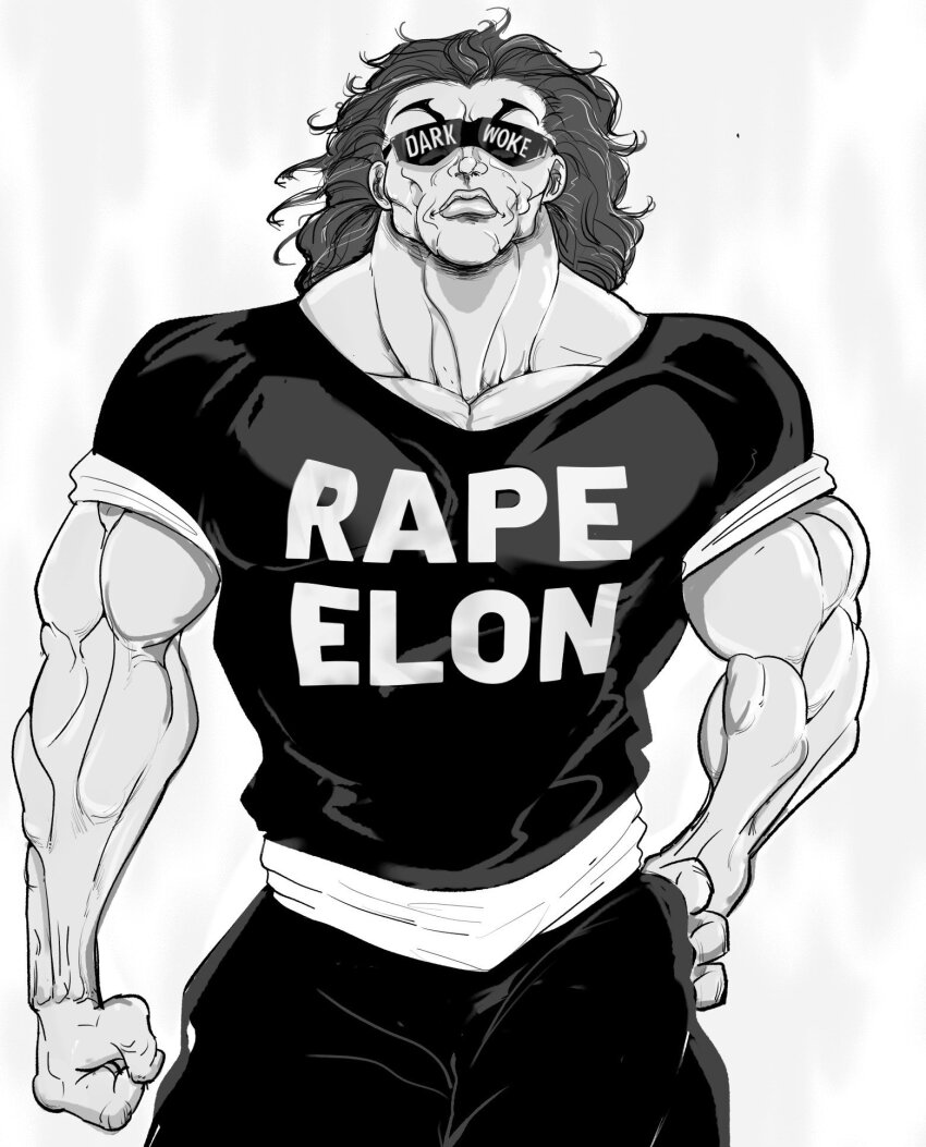 1boy clenched_hand clothes_writing commentary english_commentary english_text frown grappler_baki greyscale hair_slicked_back hand_on_own_hip hands_in_pockets hanma_yujiro highres itagaki_keisuke_(style) monochrome muscular muscular_male official_style out_de pectoral_cleavage pectorals shirt solo sunglasses t-shirt upper_body
