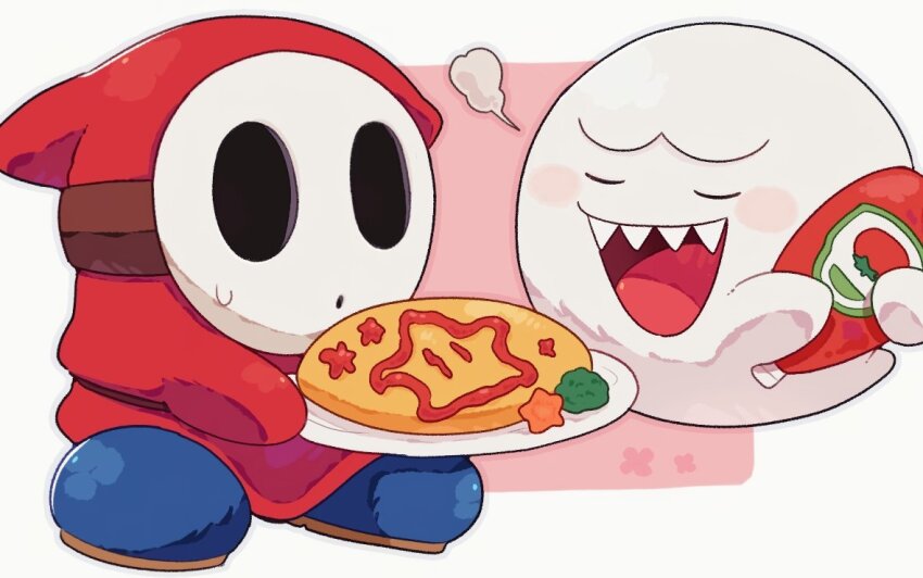1boy blue_boots blush_stickers boo_(mario) boots closed_eyes food ghost holding holding_plate ketchup_bottle male_focus mario_(series) mofupoyo nintendo omelet plate red_robe robe sharp_teeth shy_guy teeth upper_teeth_only white_mask
