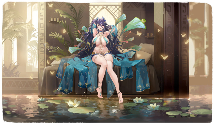 1girl absurdres ancient_egyptian ancient_egyptian_architecture ancient_egyptian_clothes anklet armlet armpits arms_up azur_lane bare_shoulders barefoot bed blue_choker breasts bug butterfly chi_an_(azur_lane) chi_an_(exotic_dreamland)_(azur_lane) choker covered_erect_nipples earrings flower hair_between_eyes highres indoors insect jewelry large_breasts lily_pad long_hair looking_at_viewer lotus namyo navel necklace non-web_source official_alternate_costume official_art open_mouth pillow purple_eyes purple_hair revealing_clothes sitting skindentation smile solo thighlet very_long_hair water window