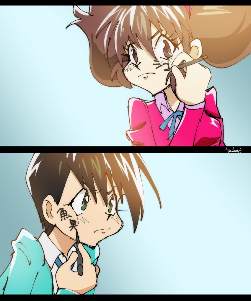 10s 1990s_(style) 1boy 1girl artist_name bad_id bad_twitter_id blue_ribbon blue_suit body_writing brown_eyes brown_hair eyelashes formal_clothes green_eyes hairband highres kimi_no_na_wa. kotobuki_tsukasa_(style) matsuno_choromatsu osomatsu-kun osomatsu-san osomatsu_(series) parody retro_artstyle ribbon short_hair signature split_screen suit twintails yowai_totoko