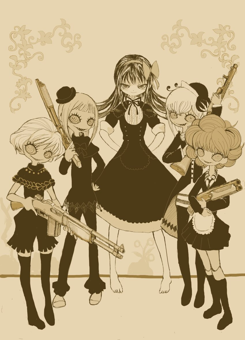 1girl absurdres akemi_homura akemi_homura_(black_dress) brown_background clara_dolls_(madoka_magica) double_barrels familiar_(madoka_magica) full_body gun highres holding holding_gun holding_weapon light_machine_gun m1918_bar machine_gun mahou_shoujo_madoka_magica sawed-off_shotgun shotgun solo toshi_(little-fluffy-cloud) weapon