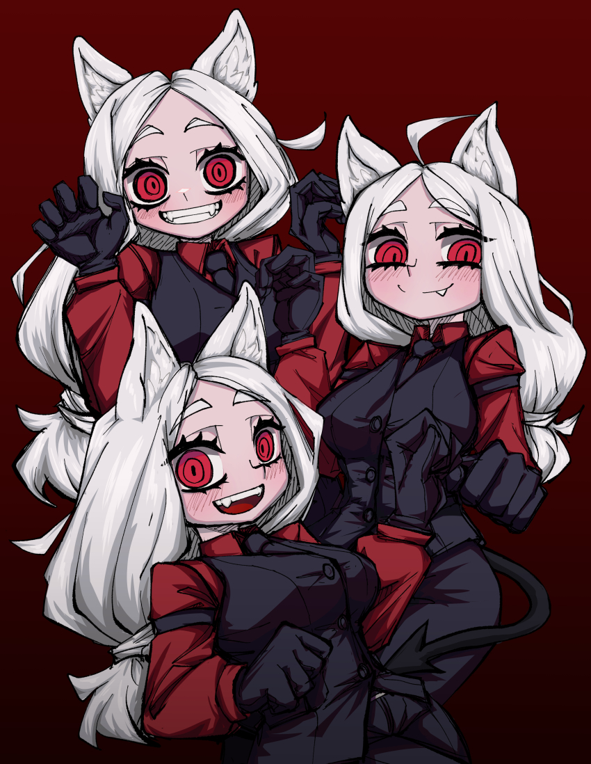 3girls absurdres beolkkulcheese boots cerberus_(helltaker) demon_girl formal_clothes helltaker highres knee_boots long_hair looking_at_viewer multiple_girls pants red_background suit tail triplets white_hair