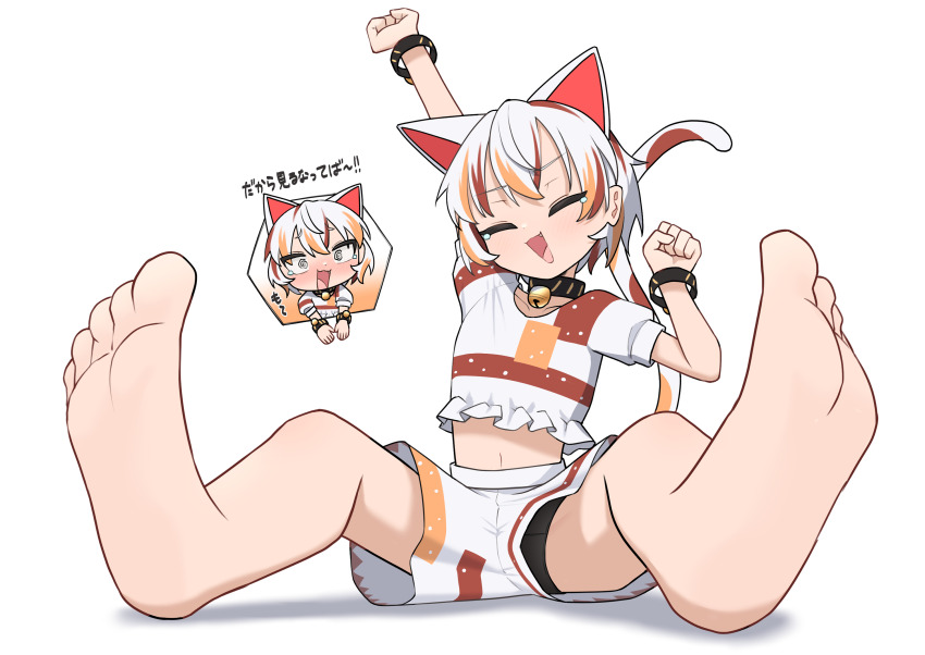 1girl absurdres animal_ears arm_up asakura_haru cat_ears cat_girl cat_tail closed_eyes commentary_request feet full_body goutokuji_mike highres multicolored_shirt multicolored_shorts multiple_views open_mouth shorts simple_background sitting solo stretching tail touhou translation_request white_background