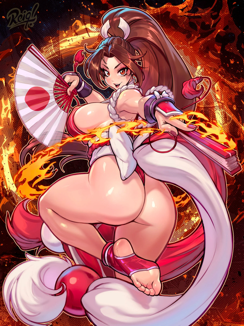 1girl ass breasts brown_hair fatal_fury fire folded_fan folding_fan hair_ornament hand_fan highres looking_at_viewer nail_polish ninja ponytail reiq rising_sun_flag shiranui_mai sideboob sunburst the_king_of_fighters thick_thighs thighs thong tight_clothes watermark