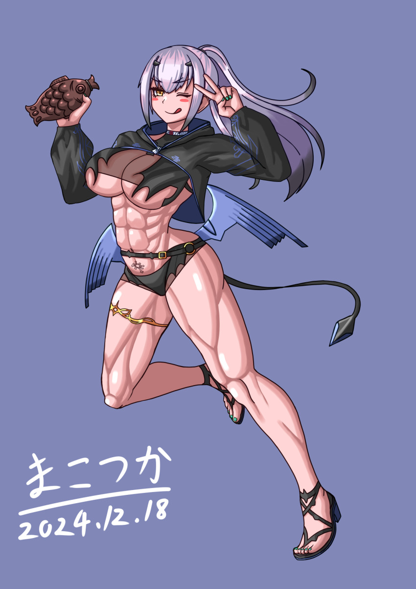 1girl abs blush bottle breasts dragon_tail dragon_wings fate/grand_order fate_(series) green_nails highres large_breasts makotsuka melusine_(fate) melusine_(swimsuit_ruler)_(fate) melusine_(swimsuit_ruler)_(first_ascension)_(fate) muscular muscular_female one_eye_closed open_clothes open_shirt ponytail sandals smile solo swimsuit tail tongue tongue_out v water_bottle white_hair wings yellow_eyes