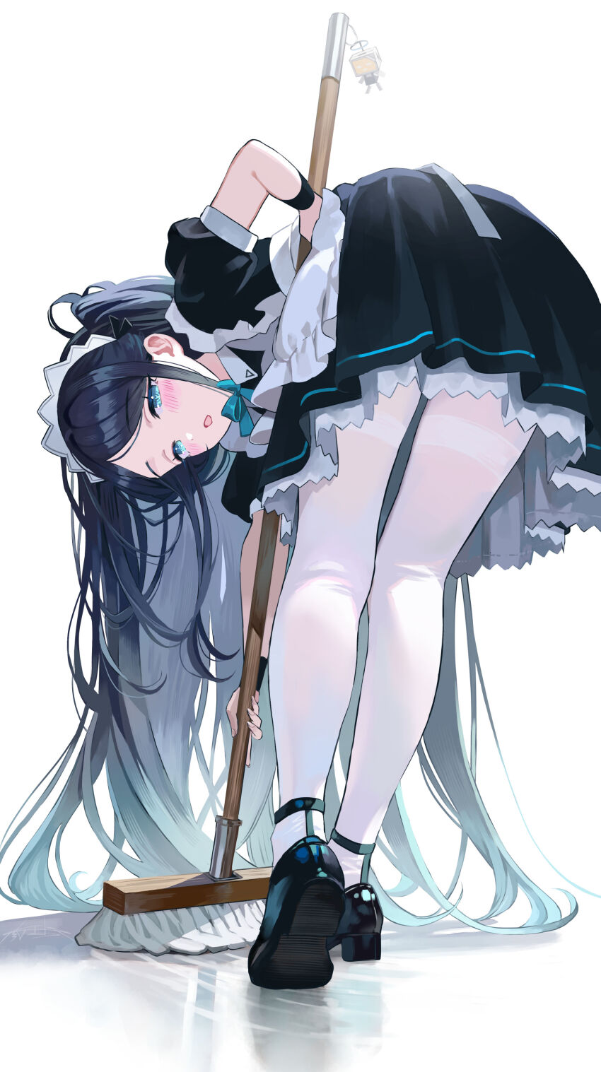 1girl absurdres apron aris_(blue_archive) aris_(maid)_(blue_archive) black_dress black_hair black_shoes blue_archive blue_eyes blush dress hairband highres long_hair looking_at_viewer maid maid_apron maid_headdress maria_(maria_rose) official_alternate_costume official_alternate_hairstyle open_mouth pantyhose ponytail shoes sidelocks solo white_apron white_hairband white_pantyhose