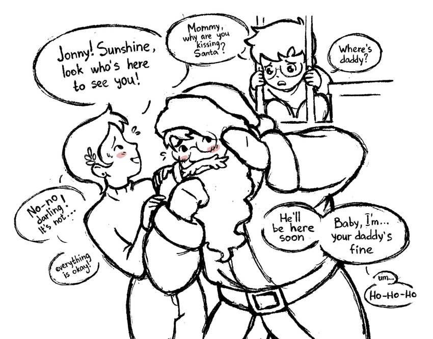 1girl 2boys belt blush christmas clark_kent d-e-r-i dc_comics english_text fake_beard fake_facial_hair family glasses hair_ornament hat highres jonathan_kent lois_lane mistletoe_hair_ornament mittens monochrome multiple_boys my_adventures_with_superman pants santa_costume santa_hat sketch spot_color stairs superman_(series) sweater