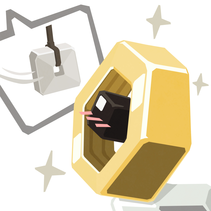 animal_focus black_eyes blush fang_kemeng_wanwan from_side gen_7_pokemon highres looking_up low_poly meltan motion_lines mythical_pokemon nintendo no_humans no_lineart one-eyed pendulum pokemon pokemon_(creature) simple_background solo sparkle speech_bubble spoken_object upper_body white_background