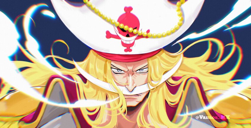1boy blonde_hair close-up coat collared_coat commentary edward_newgate english_commentary epaulettes facial_hair hat highres jolly_roger long_hair long_mustache looking_at_viewer male_focus mustache one_piece pirate_hat smoke solo twitter_username vamos_mk white_coat whitebeard_pirates_jolly_roger