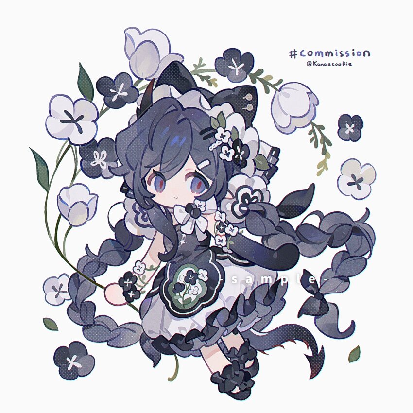 1girl ball_hands black_dress black_gloves black_hair black_shoes blue_eyes braid chibi chibi_only closed_mouth commission demon_tail dress elbow_gloves flower frilled_dress frills full_body gloves hair_ornament hairclip highres kanae_(cookie) long_hair looking_at_viewer original parallel_hairclips red_pupils shoes simple_background single_elbow_glove sleeveless sleeveless_dress smile solo standing tail twin_braids twitter_username white_background white_flower