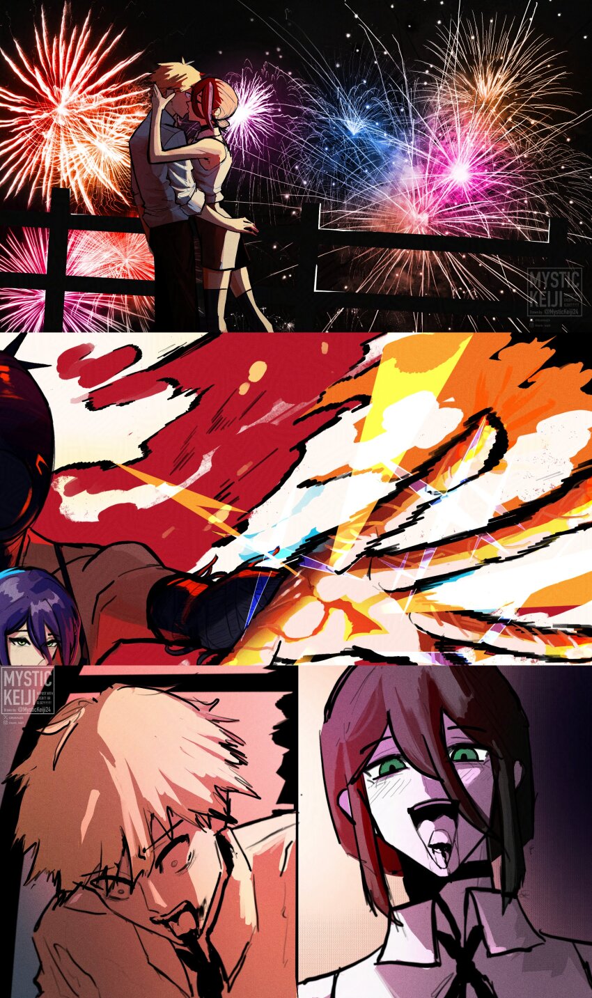 1boy 1girl absurdres aerial_fireworks black_choker black_gloves black_necktie black_shorts black_thighhighs blonde_hair bomb_devil_(chainsaw_man) chainsaw_man choker collared_shirt denji_(chainsaw_man) elbow_gloves fence fireworks gloves green_eyes hair_between_eyes hetero highres kiss mystickeiji24 necktie night open_mouth purple_hair reze_(chainsaw_man) severed_tongue shirt shorts sleeveless sleeveless_shirt thighhighs tongue tongue_out